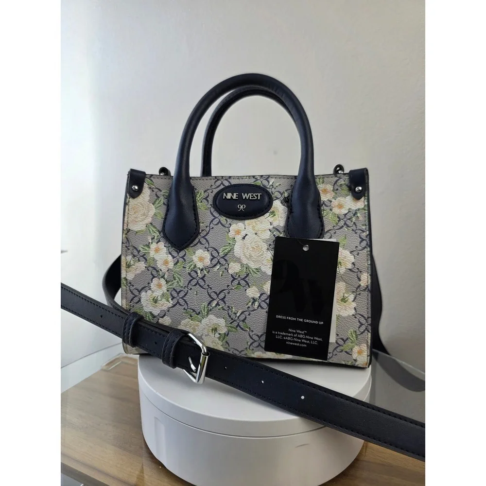 Nine West Archy Mini Satchel Navy Floral Logo Crossbody Bag  Flawed Poor